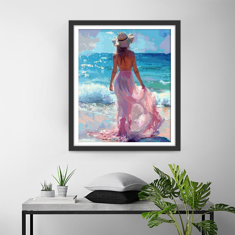 Woman in Pink Dress at the Blue Seaside Diamond Painting