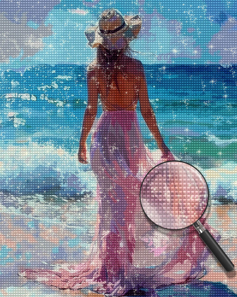 Woman in Pink Dress at the Blue Seaside Diamond Painting