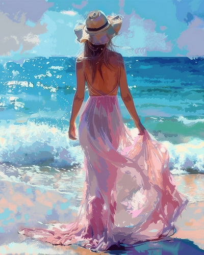 Woman in Pink Dress at the Blue Seaside Diamond Painting