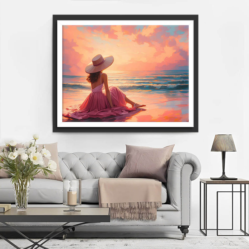 Woman in Pink Dress by the Sea Diamond Painting