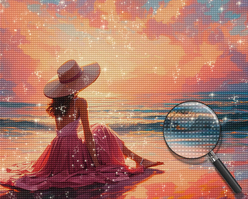 Woman in Pink Dress by the Sea Diamond Painting