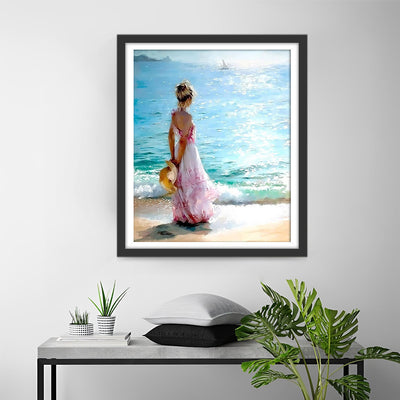 Woman in Pink Dress by the Sea Diamond Painting