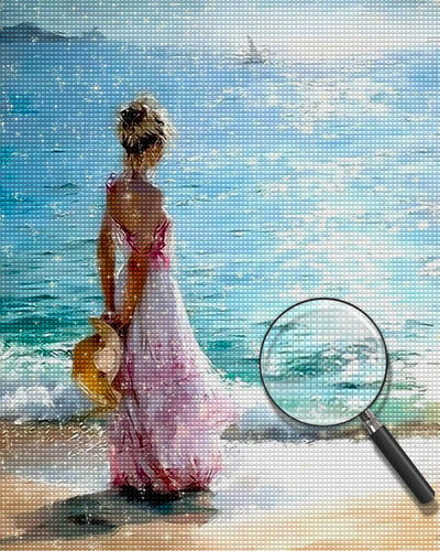 Woman in Pink Dress by the Sea Diamond Painting