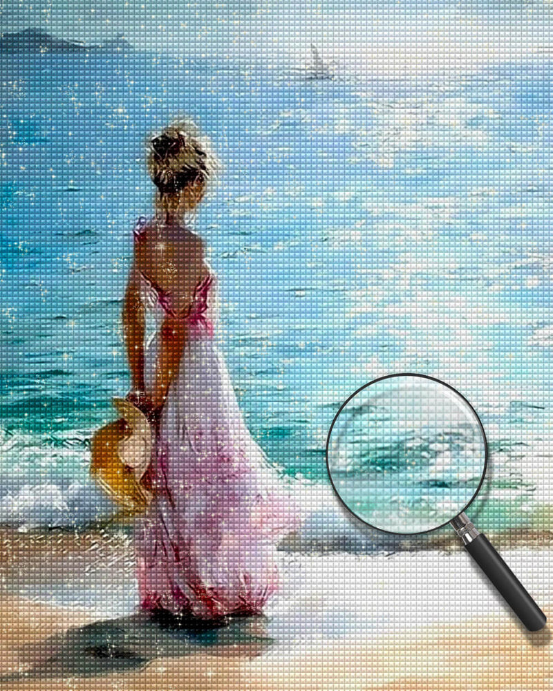 Woman in Pink Dress by the Sea Diamond Painting