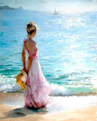 Woman in Pink Dress by the Sea Diamond Painting