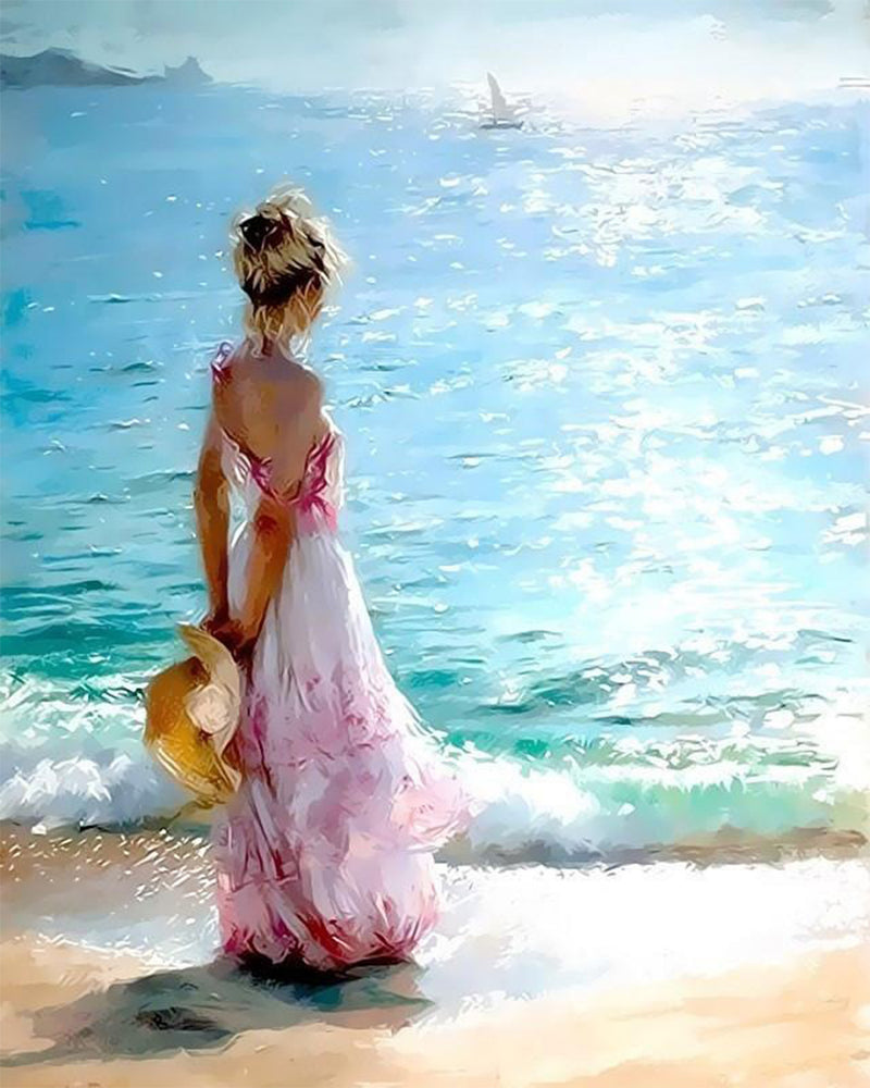 Woman in Pink Dress by the Sea Diamond Painting