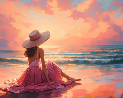 Woman in Pink Dress by the Sea Diamond Painting
