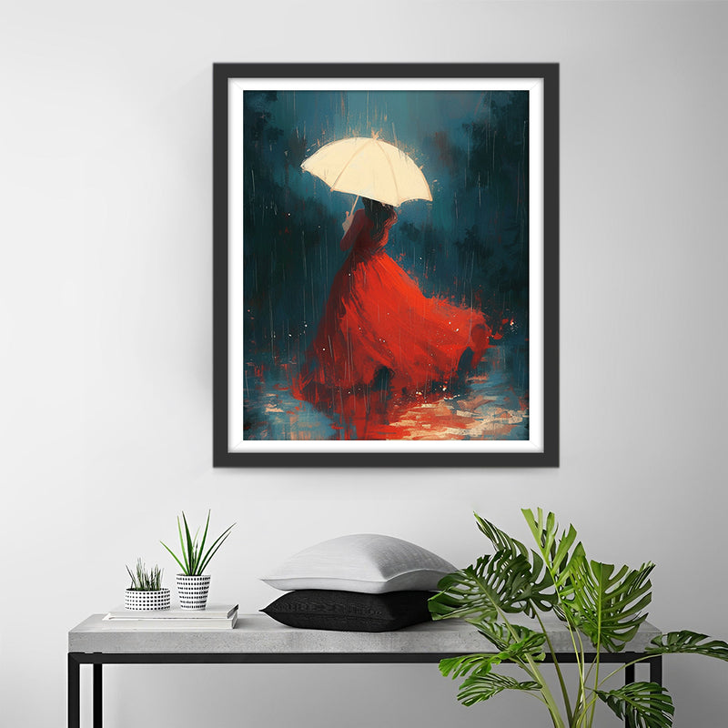 Woman in Red Dress Holding Umbrella in the Rain Diamond Painting