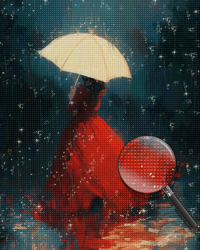 Woman in Red Dress Holding Umbrella in the Rain Diamond Painting