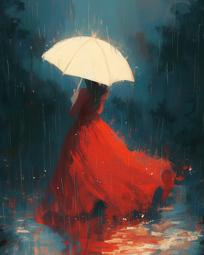 Woman in Red Dress Holding Umbrella in the Rain Diamond Painting