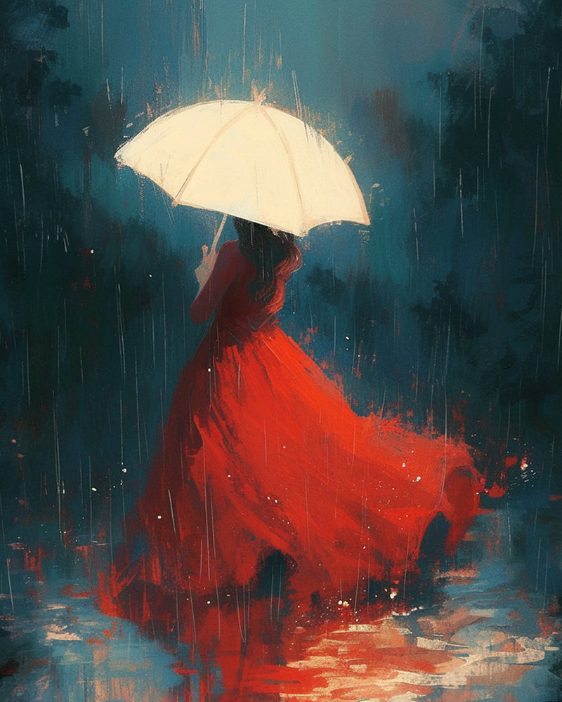 Woman in Red Dress Holding Umbrella in the Rain Diamond Painting