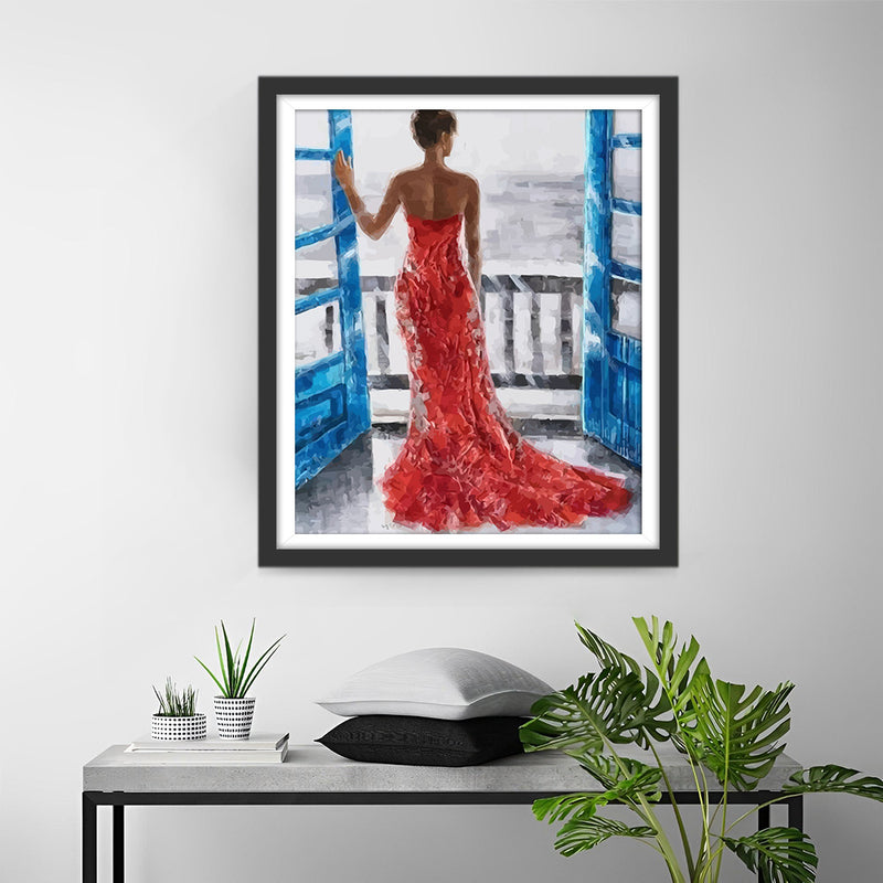 Woman in Red Dress Opens the Blue Door Diamond Painting