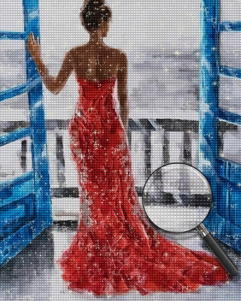 Woman in Red Dress Opens the Blue Door Diamond Painting