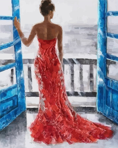 Woman in Red Dress Opens the Blue Door Diamond Painting
