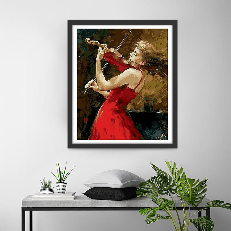 Woman in Red Playing the Violin Diamond Painting