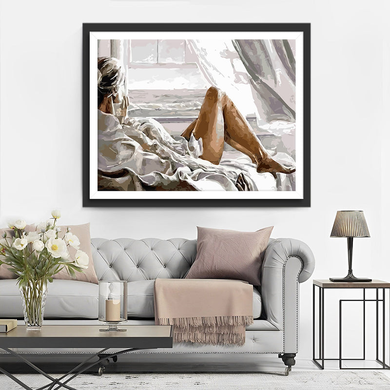 Woman in White Looking out the Window Diamond Painting