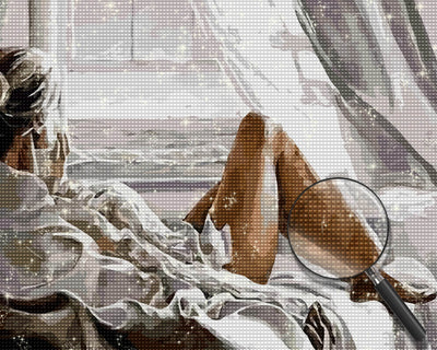 Woman in White Looking out the Window Diamond Painting