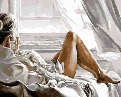 Woman in White Looking out the Window Diamond Painting