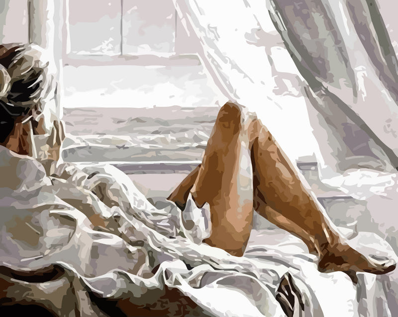 Woman in White Looking out the Window Diamond Painting