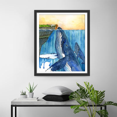 Woman on Shore and Whales Diamond Painting