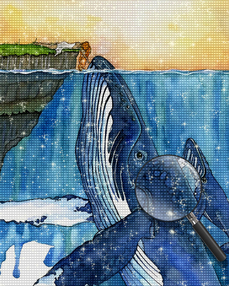 Woman on Shore and Whales Diamond Painting
