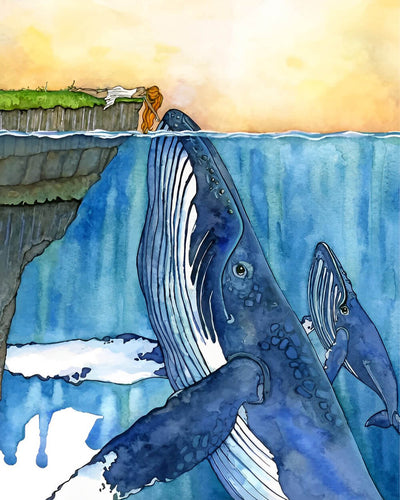 Woman on Shore and Whales Diamond Painting