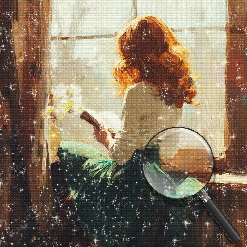 Woman Reading a Book on the Windowsill Diamond Painting DPYHF0221
