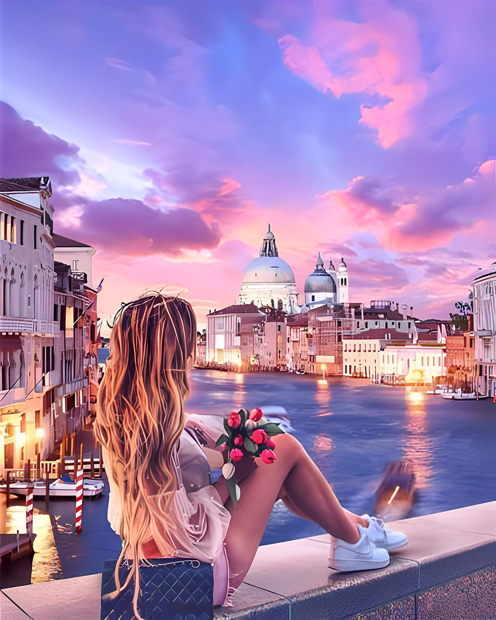 Woman Sitting on the Bridge Diamond Painting