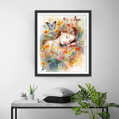 Woman Surrounded by Flowers and Butterflies Diamond Painting