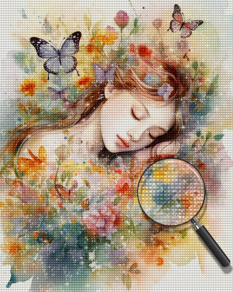 Woman Surrounded by Flowers and Butterflies Diamond Painting
