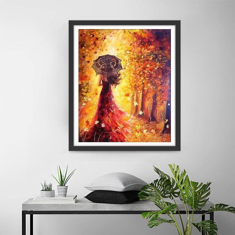 Woman with an Umbrella in Autumn Leaves Diamond Painting