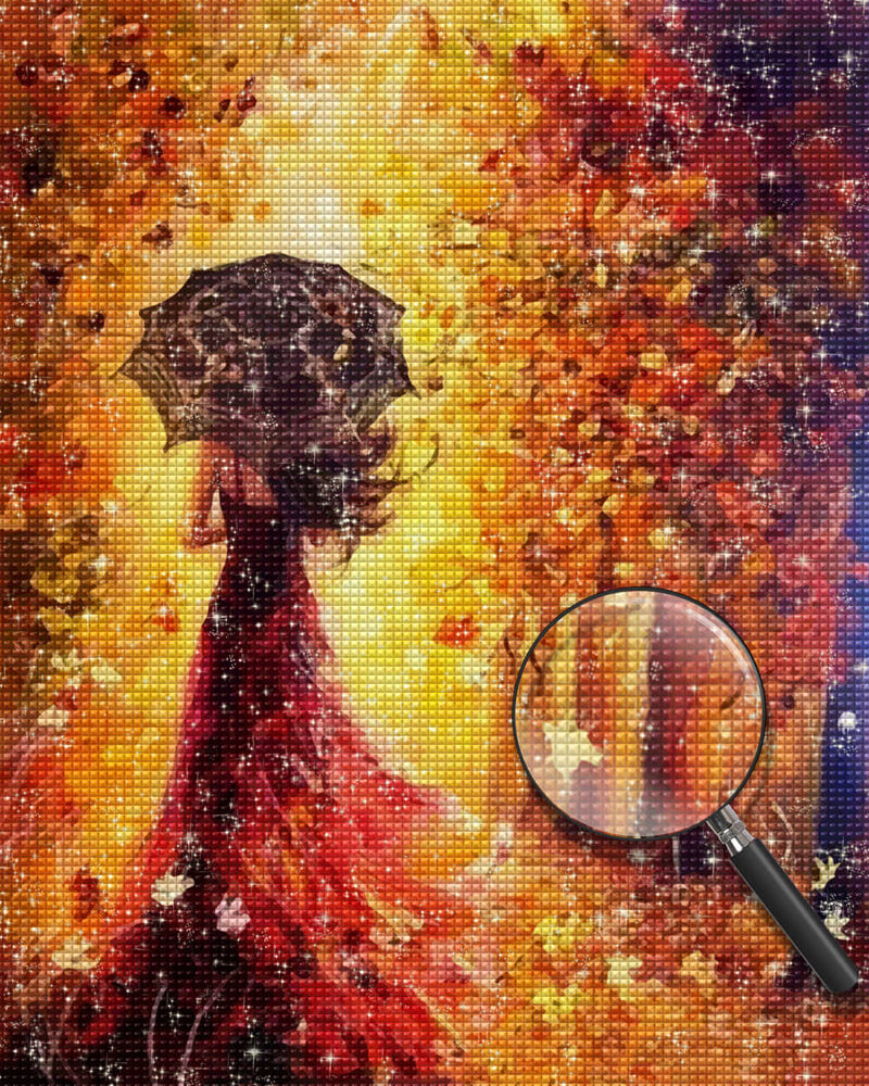Woman with an Umbrella in Autumn Leaves Diamond Painting