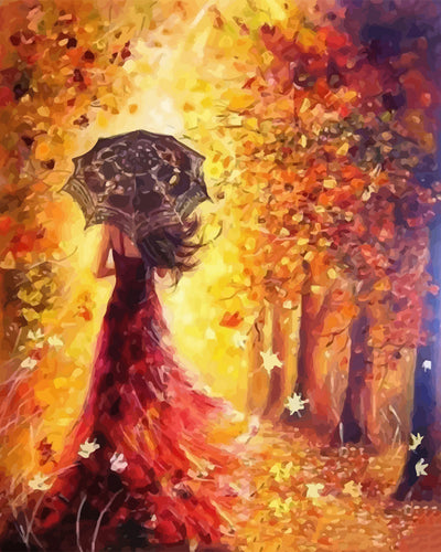 Woman with an Umbrella in Autumn Leaves Diamond Painting