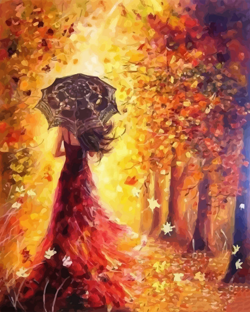Woman with an Umbrella in Autumn Leaves Diamond Painting