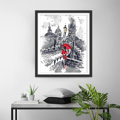 Woman with Red Umbrella in the City Diamond Painting