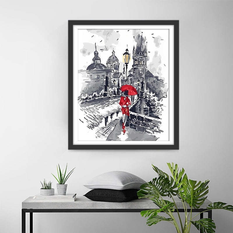 Woman with Red Umbrella in the City Diamond Painting