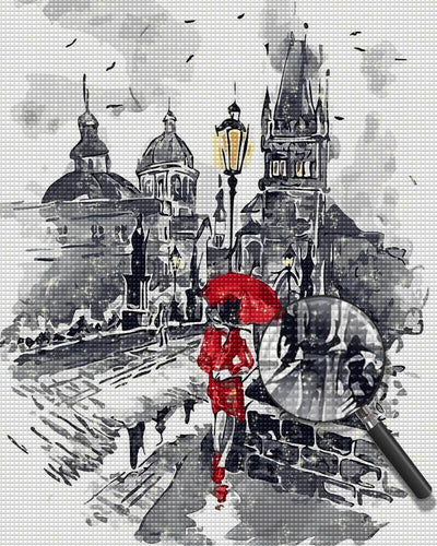 Woman with Red Umbrella in the City Diamond Painting