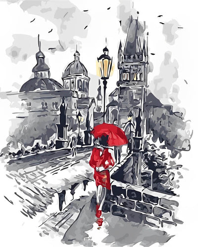 Woman with Red Umbrella in the City Diamond Painting