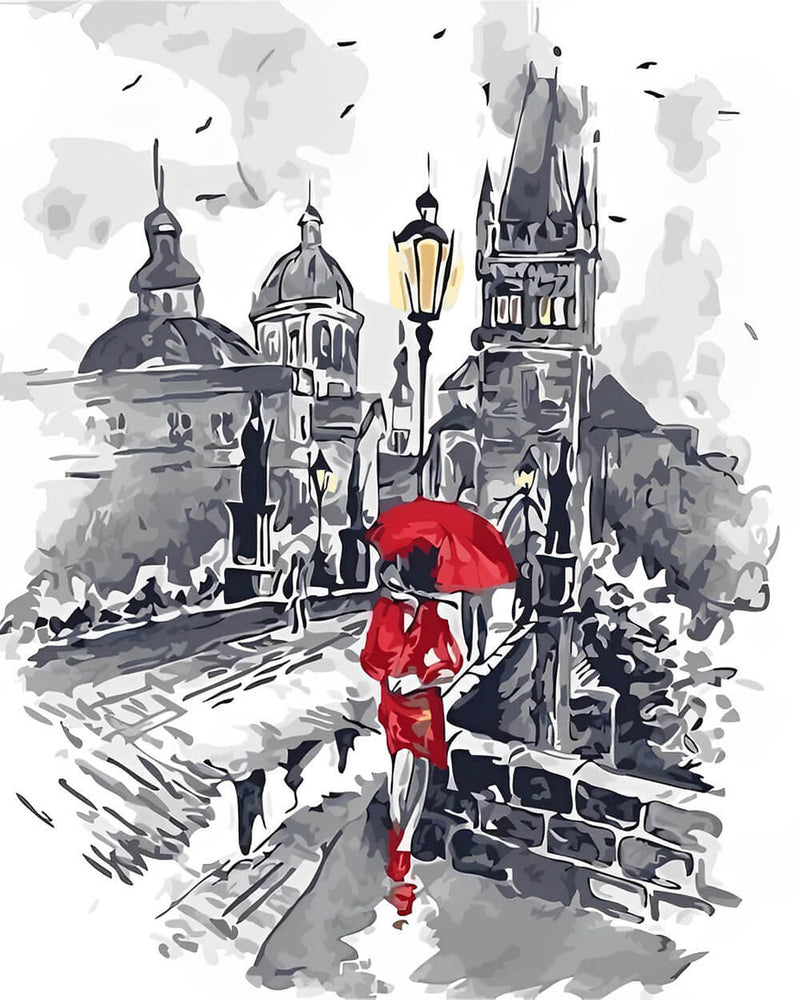 Woman with Red Umbrella in the City Diamond Painting