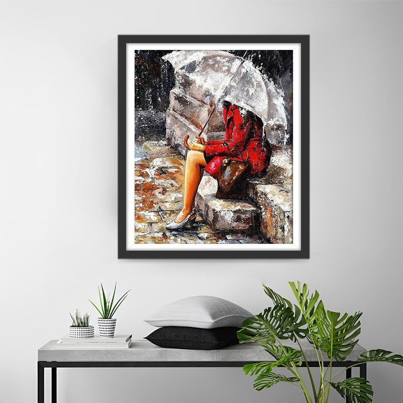Woman with Umbrella Sitting on the Stairs Diamond Painting