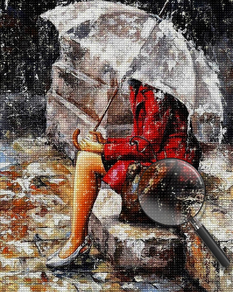 Woman with Umbrella Sitting on the Stairs Diamond Painting