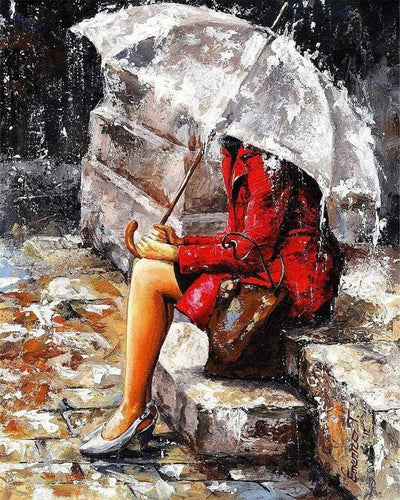 Woman with Umbrella Sitting on the Stairs Diamond Painting