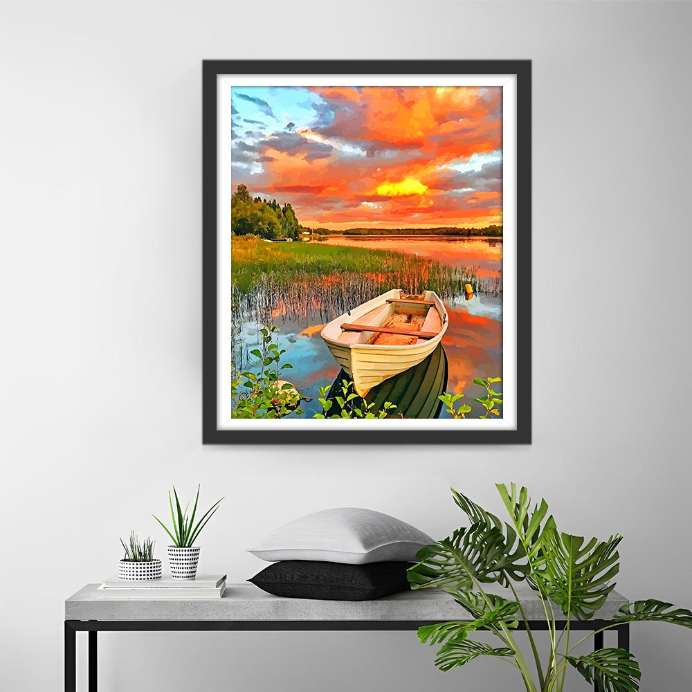 Wooden Boat on the Lake at Sunset Diamond Painting