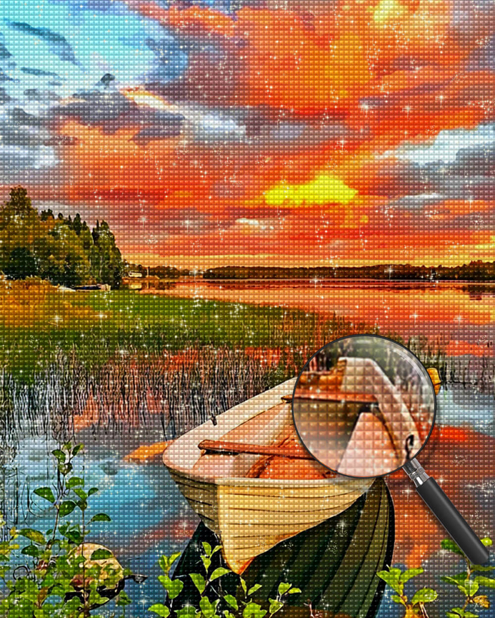 Wooden Boat on the Lake at Sunset Diamond Painting