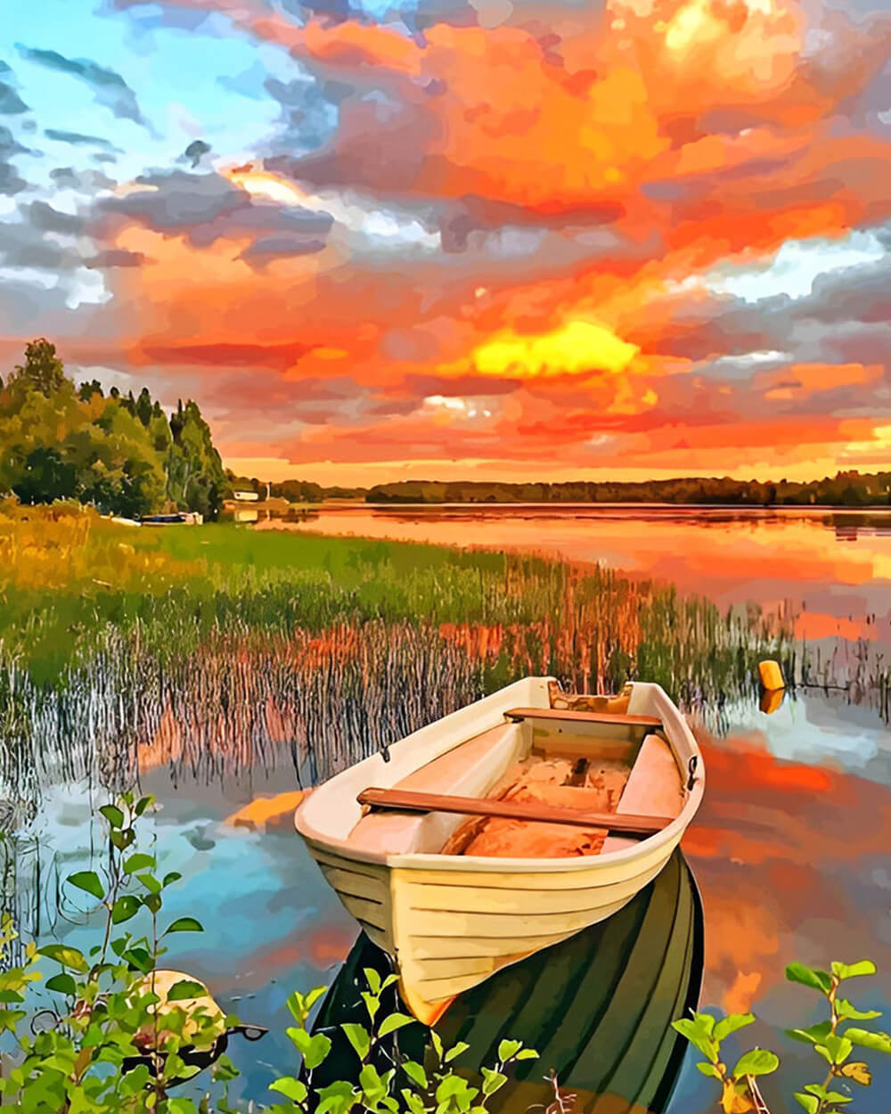 Wooden Boat on the Lake at Sunset Diamond Painting