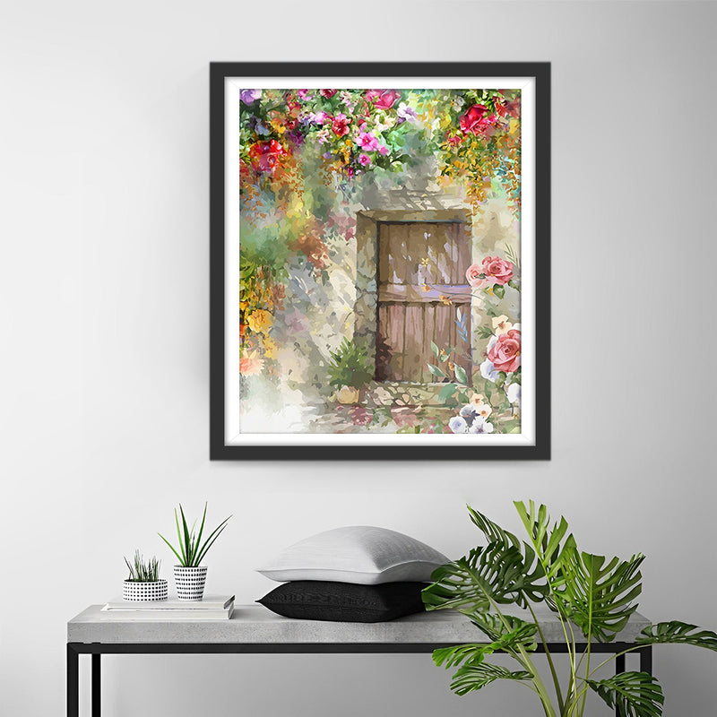 Wooden Door Surrounded by Flowers Diamond Painting
