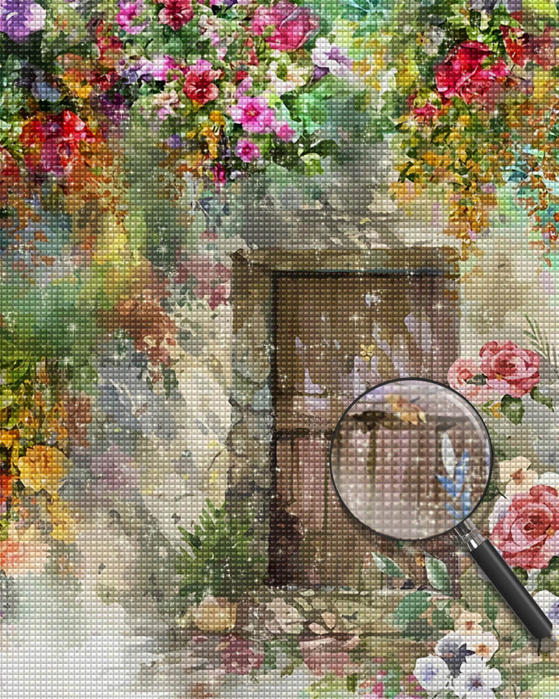 Wooden Door Surrounded by Flowers Diamond Painting