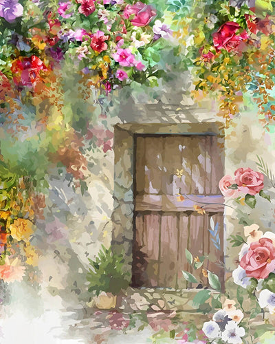 Wooden Door Surrounded by Flowers Diamond Painting