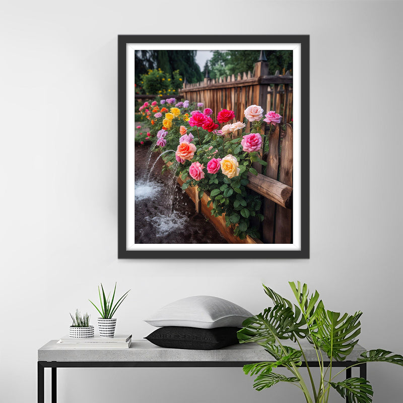 Wooden Fence Covered with Colorful Roses Diamond Painting