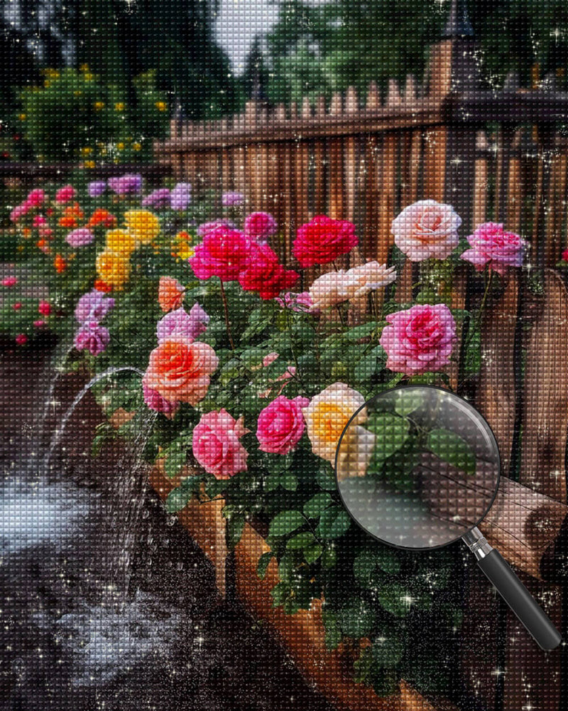 Wooden Fence Covered with Colorful Roses Diamond Painting